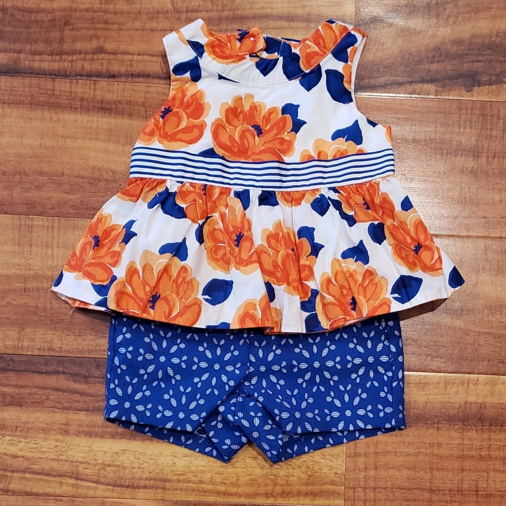 Janie and Jack EUC 12-18 months orange and blue floral blouse and eyelet shorts